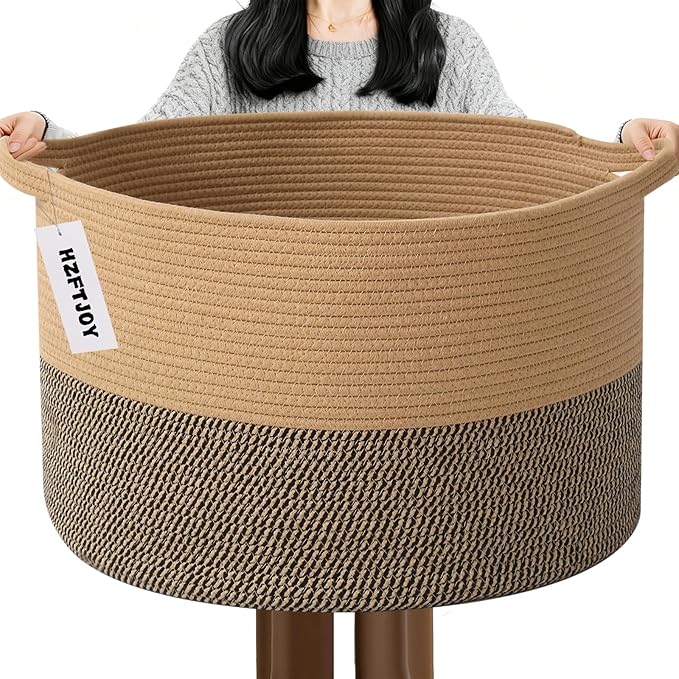 Large Storage Basket with Handle,23.6" x 23.6" x 15.7" Blanket Basket Storage Bins for Organizing,115L Cotton Rope Woven Baskets for Living Room, Nursery,Bedroom,Jute&Black