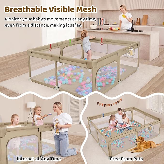 Dripex Large Baby Playpen 71×59 Inch, Large Playpen for Babies and Toddlers- Indoor & Outdoor Kids Safe Play Yard, Soft Breathable Visible Mesh, Anti-Fall & Anti-Slip Design Baby Fence, Khaki