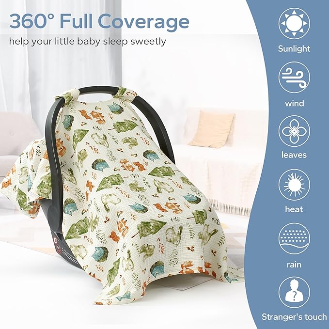 SERAPHY 100% Muslin Cotton Car Seat Cover Baby, 2 Pack Universal Carseat Covers Baby Boy Girl, Breathable Car Seat Canopy, Soft Infant Car Seat Cover for Summer and Winter—2 Pcs Green&Forest
