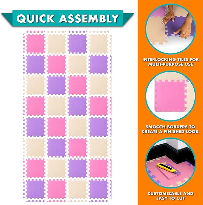 ProSource Baby Play Mat, Soft Foam Floor Tiles for Kids, Interlocking EVA Panels for Playpen Use, Crawling Development Surface, Safe Non-Toxic Toddler Flooring, 32 Tiles, Pink/Purple/Beige