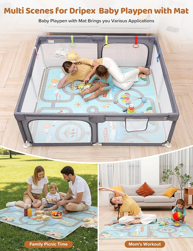 Dripex Baby Playpen with Mat, 71"x59" Play Pen for Toddlers 1-3 Years, Soft Breathable Visible Mesh, Indoor/Outdoor Portable Play Yard with Mat, Safe Baby Fence Play Area, Grey