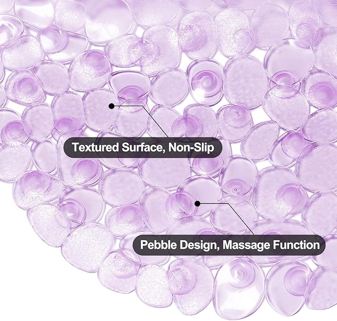 WELTRXE Pebbles Bath Mat Oval Non-Slip Bathtub Mat with Suction Cups, Drain Holes for Bathroom Showers, Tub, Machine Washable, BPA, Latex Free Safe Shower Mats, 27 x 14 Inch, Purple