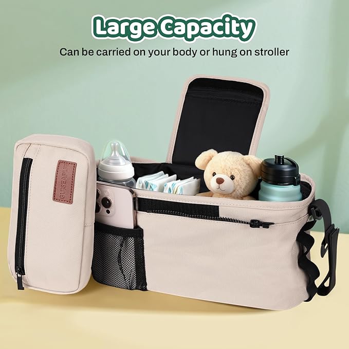 Guiseapue Universal Stroller Organizer with Cup Holder: Baby Essentials, Stroller Caddy with Shoulder Strap, Detachable Phone Bag, Stroller Accessories, Chirstmas New Moms Baby Gifts