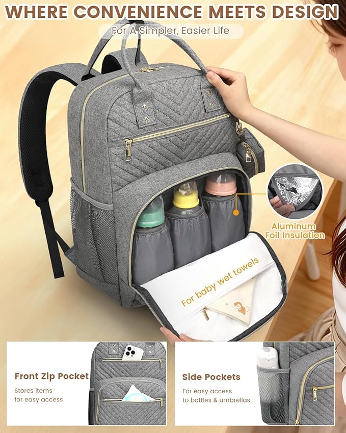 Pritent Diaper Bag Backpack,Baby Essentials Diapers Bag with Pacifier Case,Multipurpose Stylish Large Capacity Travel Backpack for Baby Girl/Boy(M-Gray)