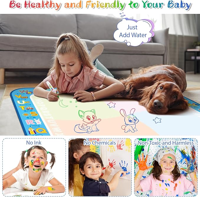 Water Doodle Mat Kids Mess Free Coloring Doodle Mat Educational Toys for 3 4 5 6 7 8 Years Old with Magic Pens Educational Toys Toddler Boys Girls Christmas Birthday Holiday Present