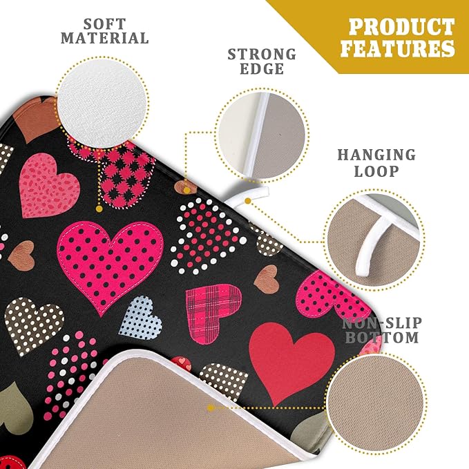 Happy Valentine's Day Black Dish Drying Mat for Kitchen Counter,Pink Love Heart Drying Mat 16 x 18 Inch with High Absorbent Microfiber Drainer Mat for Coffee Bar