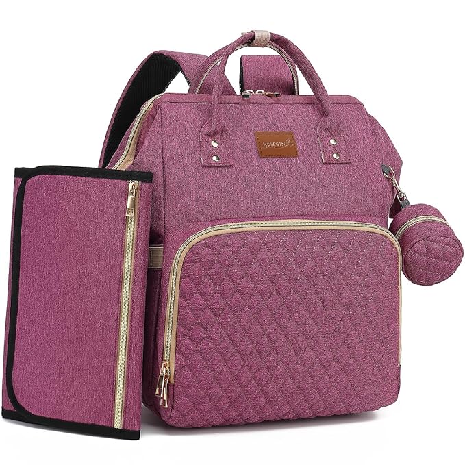 ROSEGIN Diaper Bag Backpack with Changing Pad, Pacifier Case, Baby Bag for Boy Girl Toddler - Large, Stylish, Waterproof Travel Quilted Diaper Bag for Mom - Baby Shower - Purple