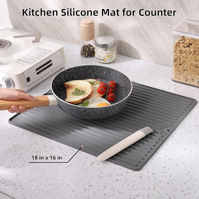 Dish Drying Mat, 16" x 18" Silicone Drying Mat for Kitchen Counter, Large & Thicker Silicone Dish Drying Pad with Raised Edges for Countertop, Multi-Purpose & Heat Resistant