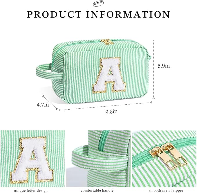YOOLIFE Initial Cosmetic Bag for Women - Monogram Cute Makeup Bag Cosmetic Case Toiletry Pouch for Women Her Best Friend Sister Teacher, Personalized Birthday Gifts for Women, Light Green P