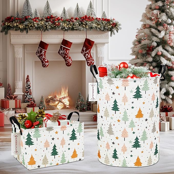 QUEENLALA Rectangular Laundry Hamper/Foldable Nursery Laundry Basket for Organizing/Storage Bin Baskets/Children Toy Office Bedroom/Toy Bin Closet Shelf Baskets（Rec-Pine tree）