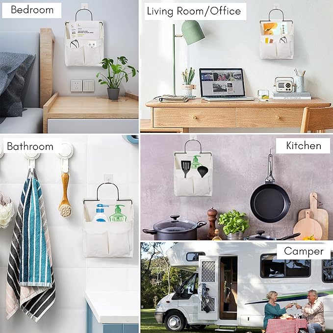 3pcs Wall Hanging Organizer Bag, Linen Fabric Door Hanging Storage Basket with Pockets, Waterproof Bin for Kitchen, Bedroom, Office, RV Camper (White-Upgraded)