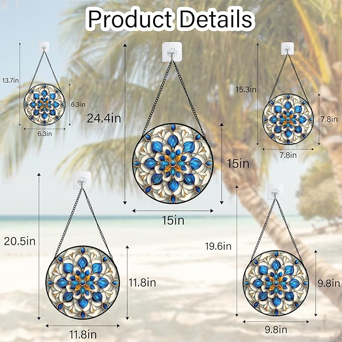 JOSUMALY Stained Glass Window Hanging - Blue and White Abstract Flowers Suncatcher for Door Terrace Garden Home Decor, Gold Sun Catcher Birthday Gifts for Lovers Women Men Dad Mom Nana 6.3 in