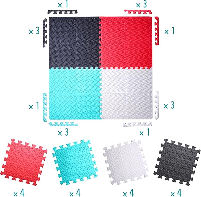 Coolcandy Baby Foam Play Mat 16Pcs with Edge Strips, 4 Colors Interlocking Floor Tiles, 0.4″ Thickened Non-Slip Puzzle Floor Mat for Infants Toddlers Playroom & Daycare