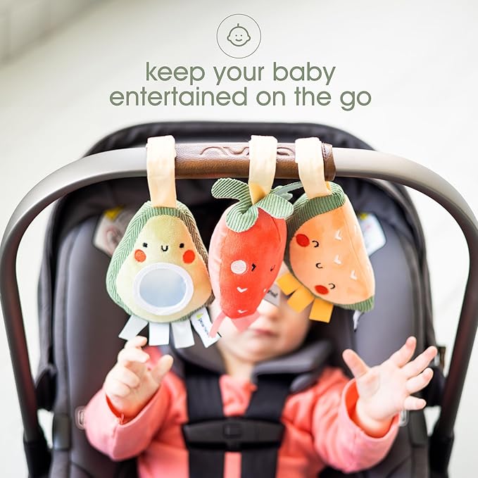 Pearhead Fruit Stroller Toys, Stocking Stuffers for Babies, Newborn Ideas, Plush Interactive Toy Set for Baby Car Seat with Hanging Mirror, Strawberry Avocado Watermelon, Set of 3