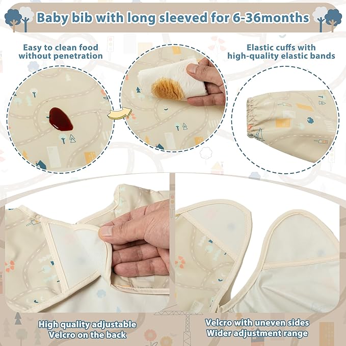 Little Dimsum Mess-Proof Baby Bibs|Infant Toddler Long Sleeve Waterproof Feeding Smock|Catching Food & Wipe Clean