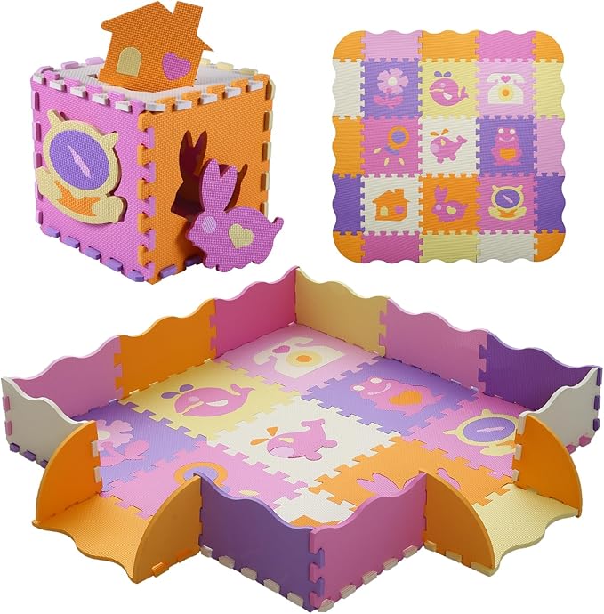 Tamiplay Foam Play Mat for Kids，25Pcs Square Interlocking Puzzle Floor Mat，Baby Play Mat Floor Mat Foam Puzzle Playmat for Toddlers with Fence - 9 Different Animal
