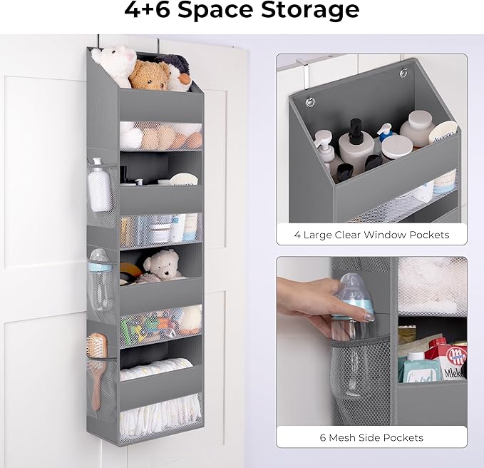 GRANNY SAYS Over The Door Organizer, 4-Shelf Behind The Door Storage with 6 Pockets, Waterproof 300D Oxford Fabric Hanging Organizer, Anti Tilt 35lb Load Hanging Shelf for Nursery, Bathroom, Grey