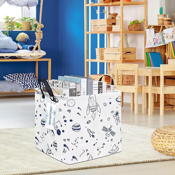 LANGYASHAN Square Storage Baskets Waterproof Canvas Children Laundry Nursery Hamper for Shelves Gift Baskets Toy Organizer Room Decor (Square spaceship)