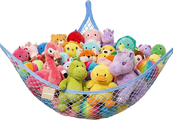 Lazebox Stuffed Animal Net Hammock for Plushie Toys, Stuffed Animal Hammock Corner for Kids' Room Decor, Ideas for Organizing Stuffy Collection, Blue, L (67" x 40" x 40")-Pack of 1