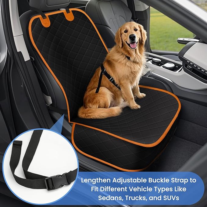 ELONGRIVER Dog Car Seat Covers, Waterproof Front Seat Cover for Dogs, Scratch-Proof, Nonslip Pet Passenger Seat Cover Protector, Universal Fit for Cars Trucks SUVs, Standard Size, Black with Orange