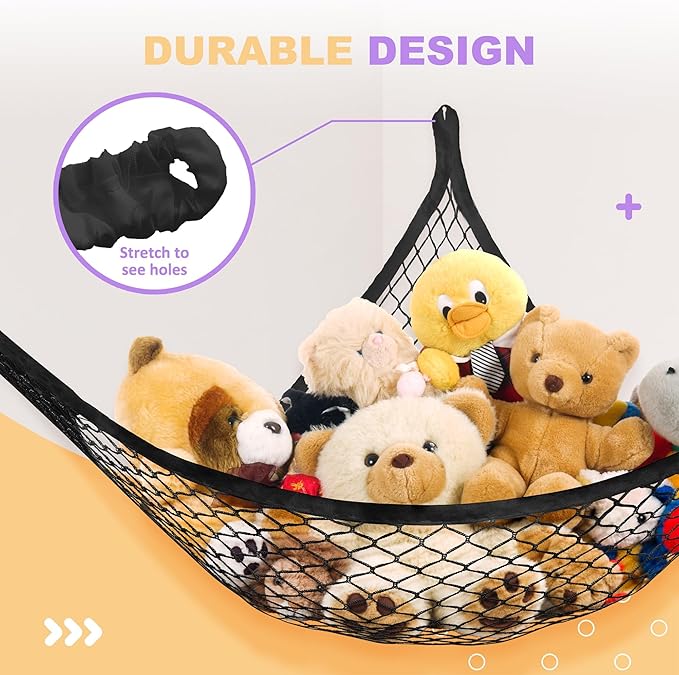 Lazebox Stuffed Animal Net Hammock for Plushie Toys, Stuffed Animal Hammock Corner for Kids' Room Decor, Ideas for Organizing Stuffy Collection, Black, L (67" x 40" x 40")-Pack of 1