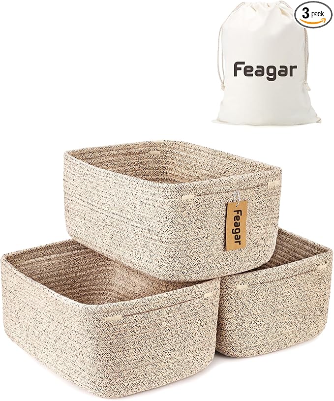 Feagar Storage Basket - Shelf Baskets for Organizing, Woven Cotton Rope Baskets for Gifts Empty with Handles, 13 x 8.7 x 5.1'' Small Toy Basket for Closet, Shelves, Bathroom, Home, 3 Packs Brown
