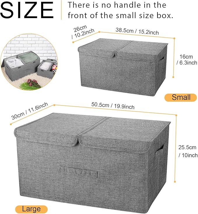 2 Pack Storage Boxes with Lids and Handles, Collapsible Linen Storage Bins Organizer Containers Baskets Cube with Removable Divider for Home Bedroom Closet Office (Orange, Large)