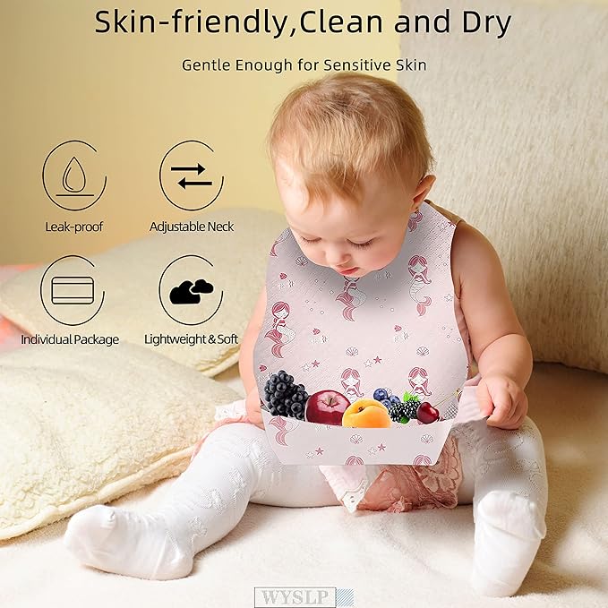 Baby Disposable Bibs Travel Feeding Bib 25pcs - Leakproof Liner, Food Catcher Pocket for 6-18 Months Babies Toddlers