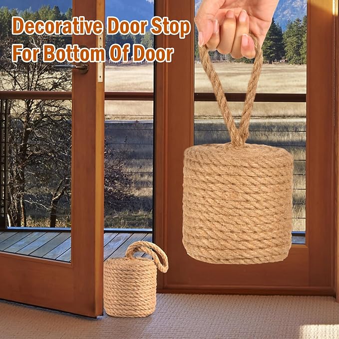 Decorative Door Stoppers for Bottom of Door4 lb Rope Knot Door Stop Weighted Doorstopper, Heavy Nautical Doorstop for Bedroom, Living Room, Window Wedge, Bookend, Cylindrical (Natural)