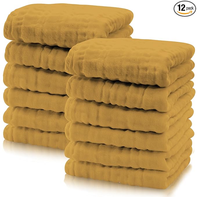Cute Castle 12 Pack Muslin Baby Washcloths - Large 12'' by 12'' - Ultra Soft 100% Cotton - Super Absorbent Burp Cloths for Unisex, Boy, Girl -Honey