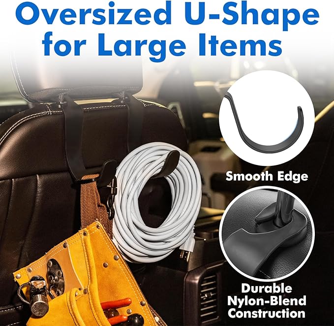 XL Hard Hat Holder for Truck, Heavy-Duty Headrest Hooks, Seat Back Organizer for Hard Hats, Bags & Gear, Universal Truck & Car Headrest Organizer, 2-Pack