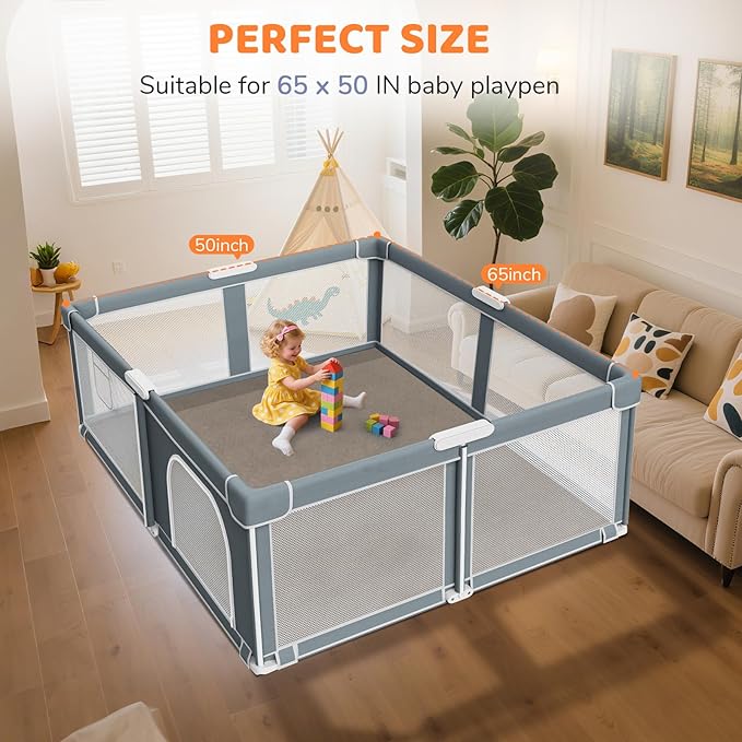 Omzer Baby Play Mat for Floor: Soft & Safe - 1.3'' Thick Foam Playpen Mats with Machine Washable Removable Cloth Cover for Tummy Time - Non Slip Crawling Pad for Toddler, Infant, Kids (Khaki, 65''x 50'')