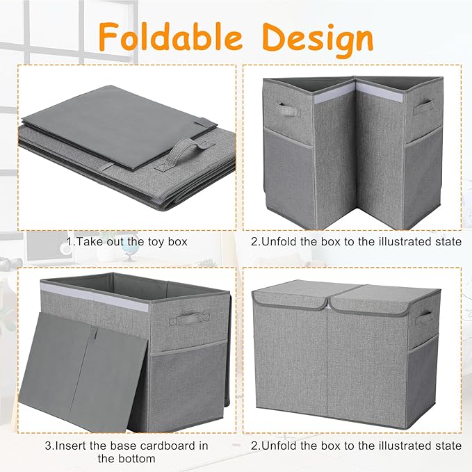 Fiwochic 3 Pack 23" Large Toy Storage Box with 11" Cubes Bins, Collapsible Toy Organizer Chest with Lids for Kids Nursery Playroom Bedroom Living Room Christmas Ornament Storage Box(Grey)
