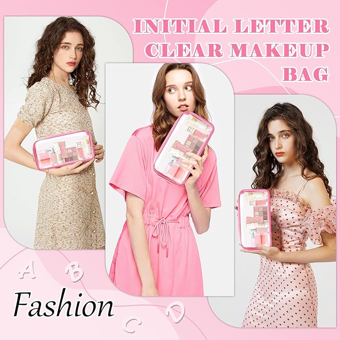 Personalized Initial Letter Clear Makeup Bag,Preppy Small Nylon&PVC Cosmetic Zipper Bag with Chenille Letter,Portable Beach Travel Skincare Toiletry Bag,Trendy Monogram Gift for Teen Girls Women,I