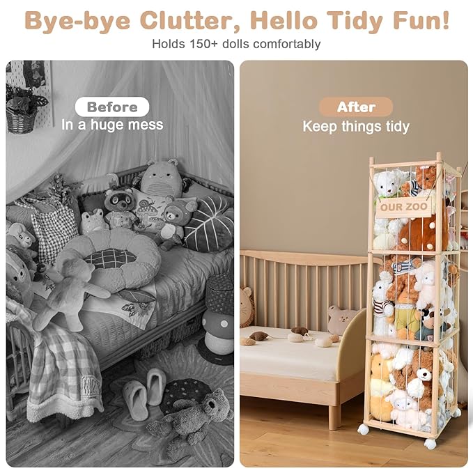 BENCHRY Stuffed Animal Storage, Wooden Cute Zoo Toy Holder with Brake Wheels, Space Save Toy Organizer, Large Capacity Stuffed Animal Holder, Perfect for Nursery Playroom Kidroom Bedroom-54 Inch