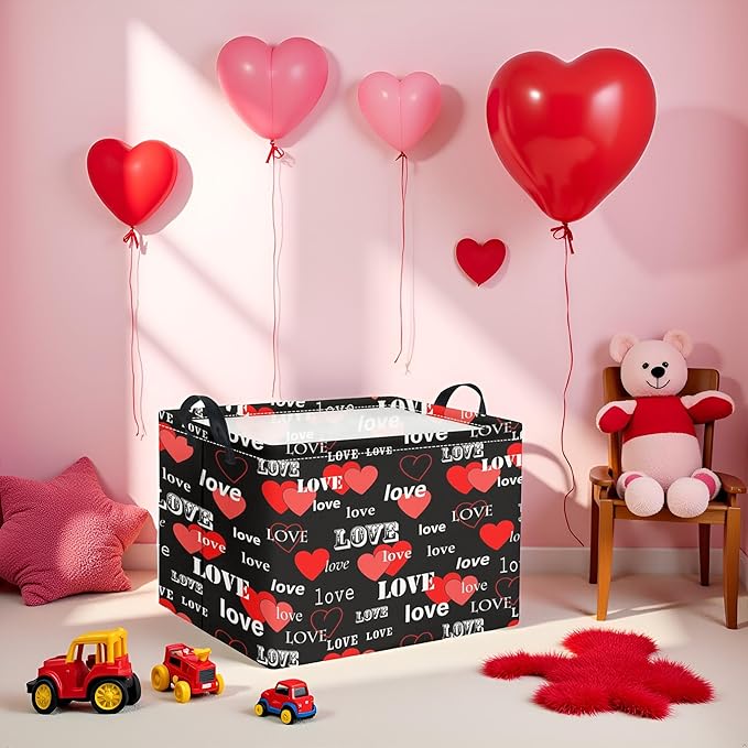 TIBAOLOVER Rectangular Valentines Basket for Home Kitchen Girls Cute Kids Storage Bin Organizer Shelf Book Room Decor(Black Red Love)