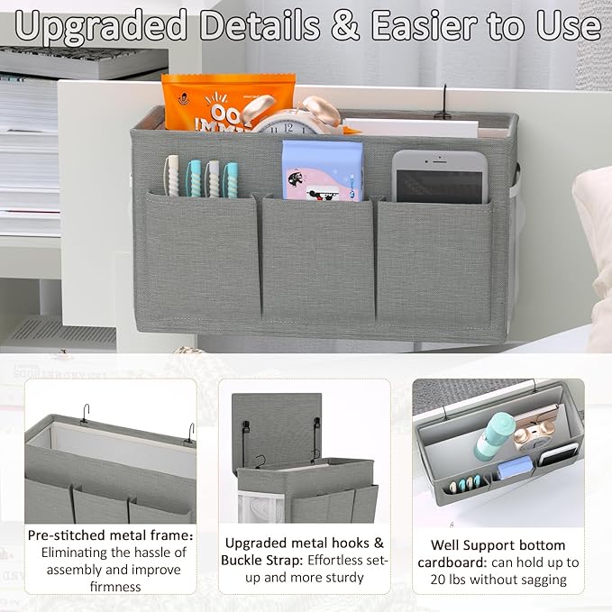Edudif Dual-purpose Bedside Caddy Bedside Organizer, Bed Caddy with 6 Pockets, Versatile Bedside Storage Solution Magazine Remotes holder, ideal for Home, Dorm, Hospital, Crib Bed (Grey 2pcs)