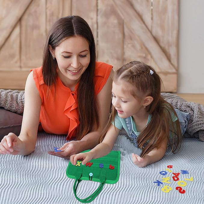 Esjay Toddler Busy Board, Montessori Toys to Learn Fine Motor Skill, Educational Sensory Board for 3+ Year Old, Toddler Activities for Travel Airplane Car,Green Alphabet