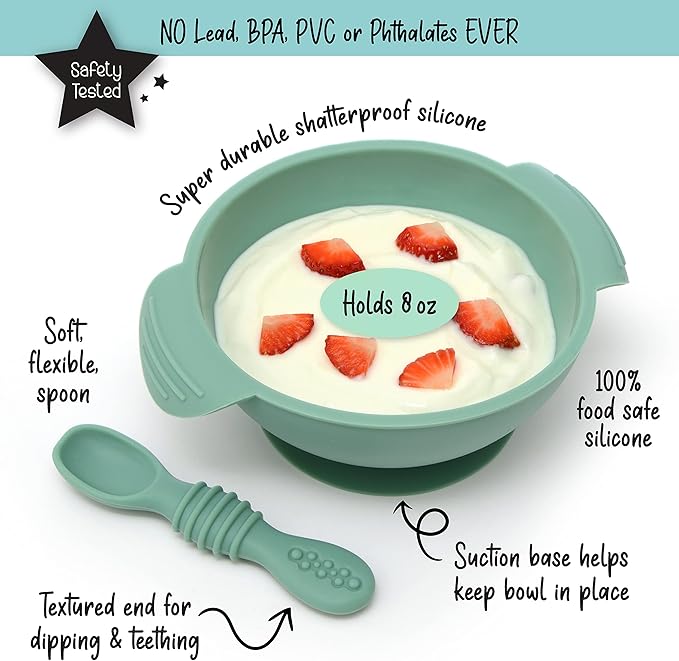 PrimaStella Unbreakable Silicone Non-Slip Bowl and Chew Spoon Set for Babies and Toddlers (Green)