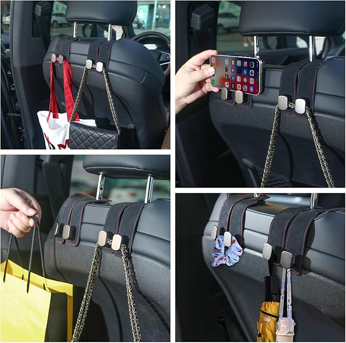 4 Pcs Car Headrest Hooks, Multi-Functional Purse and Bag Holder, Double Hook Seat Organizer for Car, Adjustable Car Storage Hooks for Easy Organization, Durable Car Accessories (Black)