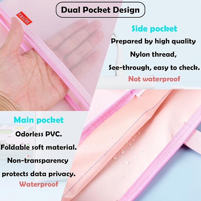 BRZUKA Mesh Zipper Pouch 11x13.7 in, A4 Double Pocket Waterproof File Bag with Handle, Document Storage for School/Travel/Office/Cross Stitch/Puzzle (Pink)