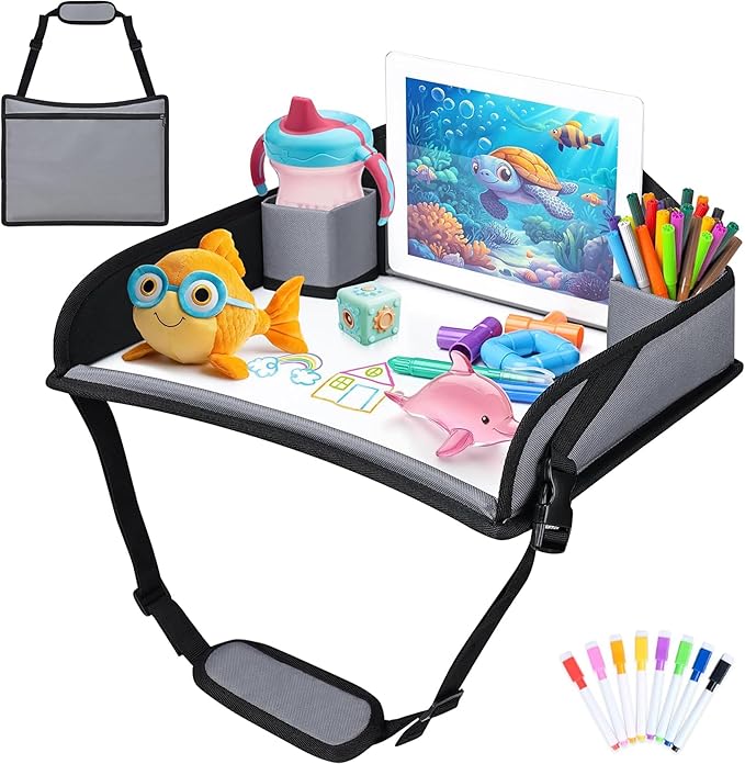 Kids Travel Tray for Toddler Carseat, Road Trip Activities Essentials, Kids Lap Desk Tray with Tablet Holder Stand and Dry Erase Board, Grey