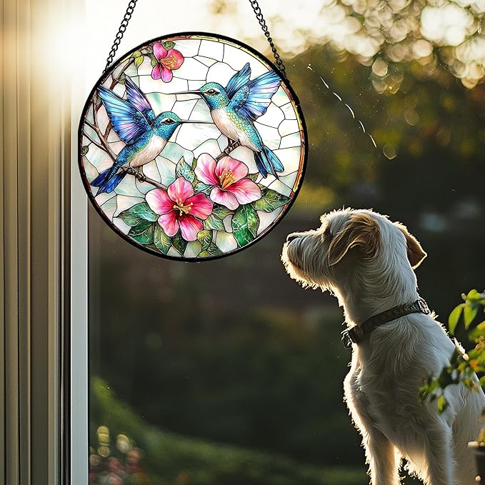 JOSUMALY Stained Glass Window Hanging - Blue White Hummingbirds Pink Flowers Suncatcher for Door Terrace Garden Home Decor Bird Sun Catcher Birthday Gifts for Lovers Women Men Dad Mom Nana 7.8 in