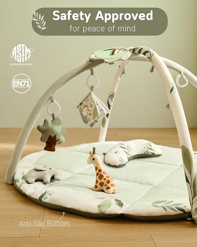 Fortella Baby Play Gym & Activity Mat, Machine Washable & Foldable Tummy Time Mat with 5 Detachable Toys, Certified Safe Newborn Essentials Gift for Baby Registry 0-12 Months (Sage Green)