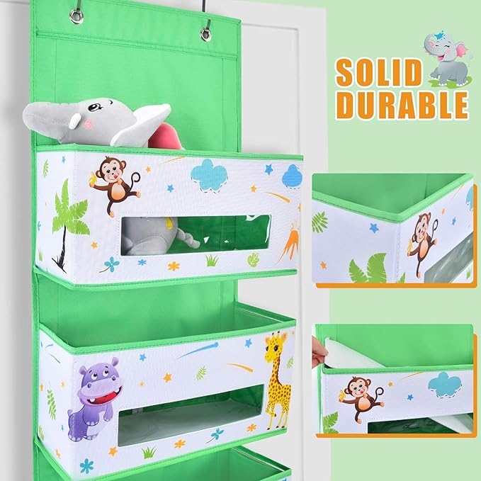 WERNNSAI Jungle Animal Over the Door Hanging Organizer - 4 Clear Window Pockets, Oxford Cloth Material, Suitable for Children's Rooms, Kindergartens, Nurseries