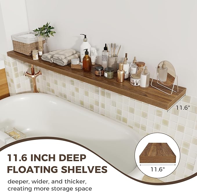 Fun Memories Walnut Deep Floating Shelves, 72 x 12 Inch Long Wall Shelves, Large Display Shelf & Storage Shelf, Wood Floating Wall Shelves for Fireplace Mantel, Living Room, Home Office - Set of 2