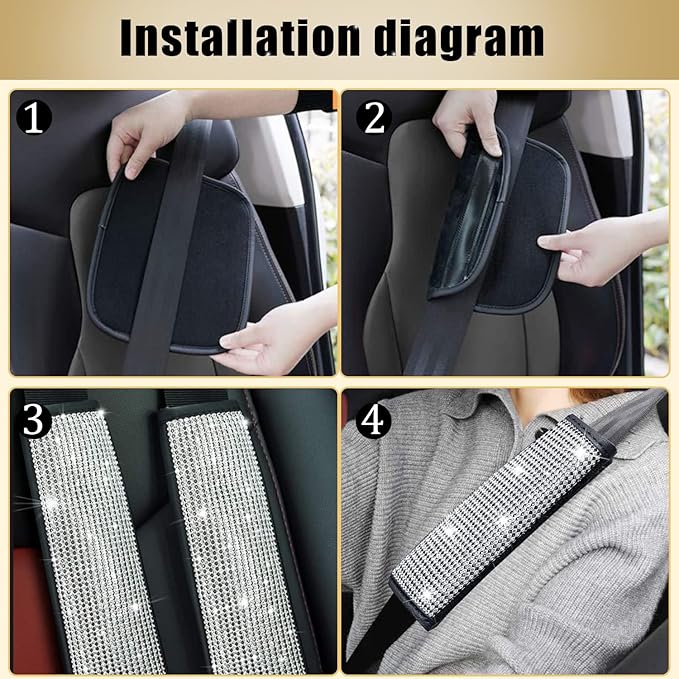 JDDRY 4-Pack Bling Seat Belt Covers,Bling Seat Belt Covers for Womens,Car Seat Belt Strap Cover Shoulder Pad,Universal Car Interior Accessories Fit for Car/Truck/SUV(Silver,4PC)