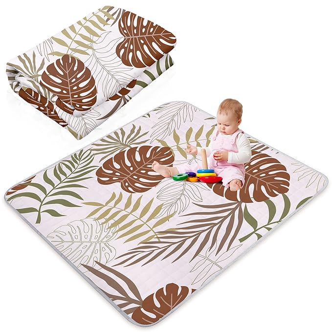 Funtery 43 x 43 Inch Boho Baby Play Mat Portable Crawling Washable Foldable Tummy Time Non Slip Baby Floor Large Playpen Mat for Infants Toddlers Floor Playpen Activity(Plant Theme)