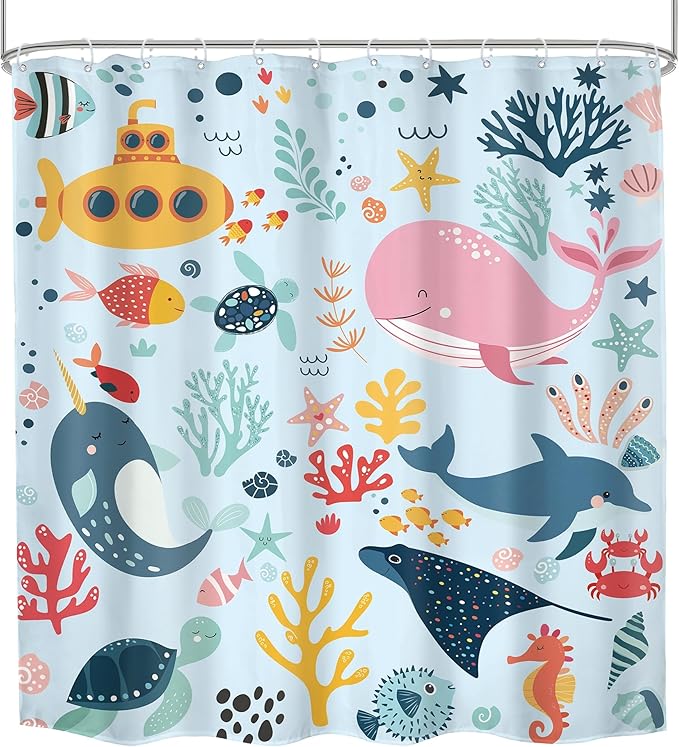 Blue Kids Shower Curtain 72Wx72H Kid Ocean Whale Funny Cartoon Cute Fish Sea Animal Underwater Baby Boy Girl Bathroom Decor Nursery Submarine Coastal Bath Curtain Fabric Polyester 12 Pack Hooks