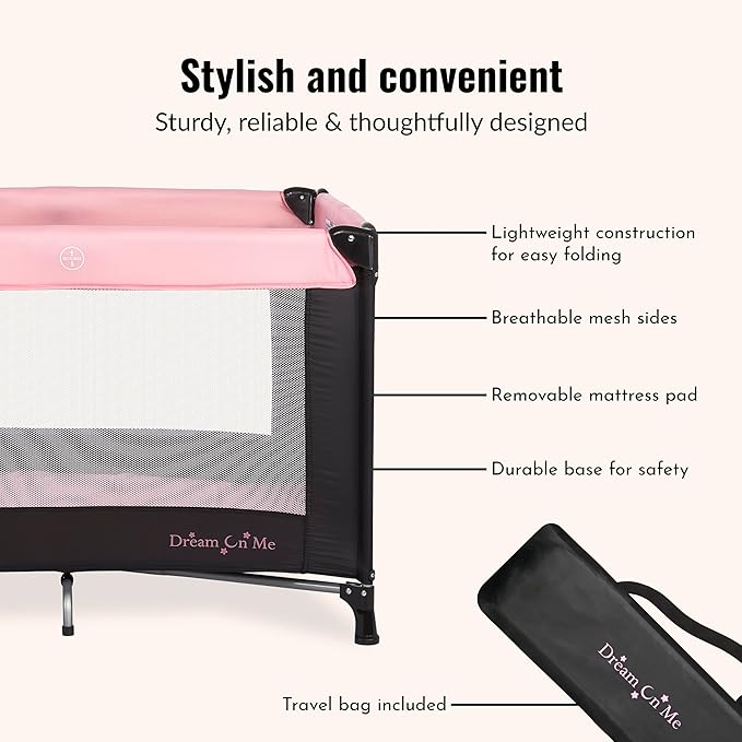 Dream On Me Nest Portable Playard , Award-Winning Lightweight Travel Playpen for Baby. Quick Fold, Mesh Sides, Foldable Mattress Pad, No-Tool Assembly, Meets ASTM/CPSC Standards -Pink